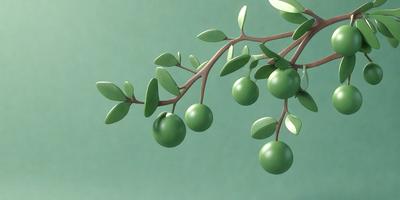 The primary subject of the image is a tree with green leaves and small green fruits hanging from its branches. The tree is situated on a green background, which adds to the natural and serene atmosphere of the scene. The visual style of the image is a combination of photo and digital art, creating a realistic yet artistic representation of the tree and its fruit. The colors and mood of the image are predominantly green, which is associated with growth, renewal, and harmony with nature.